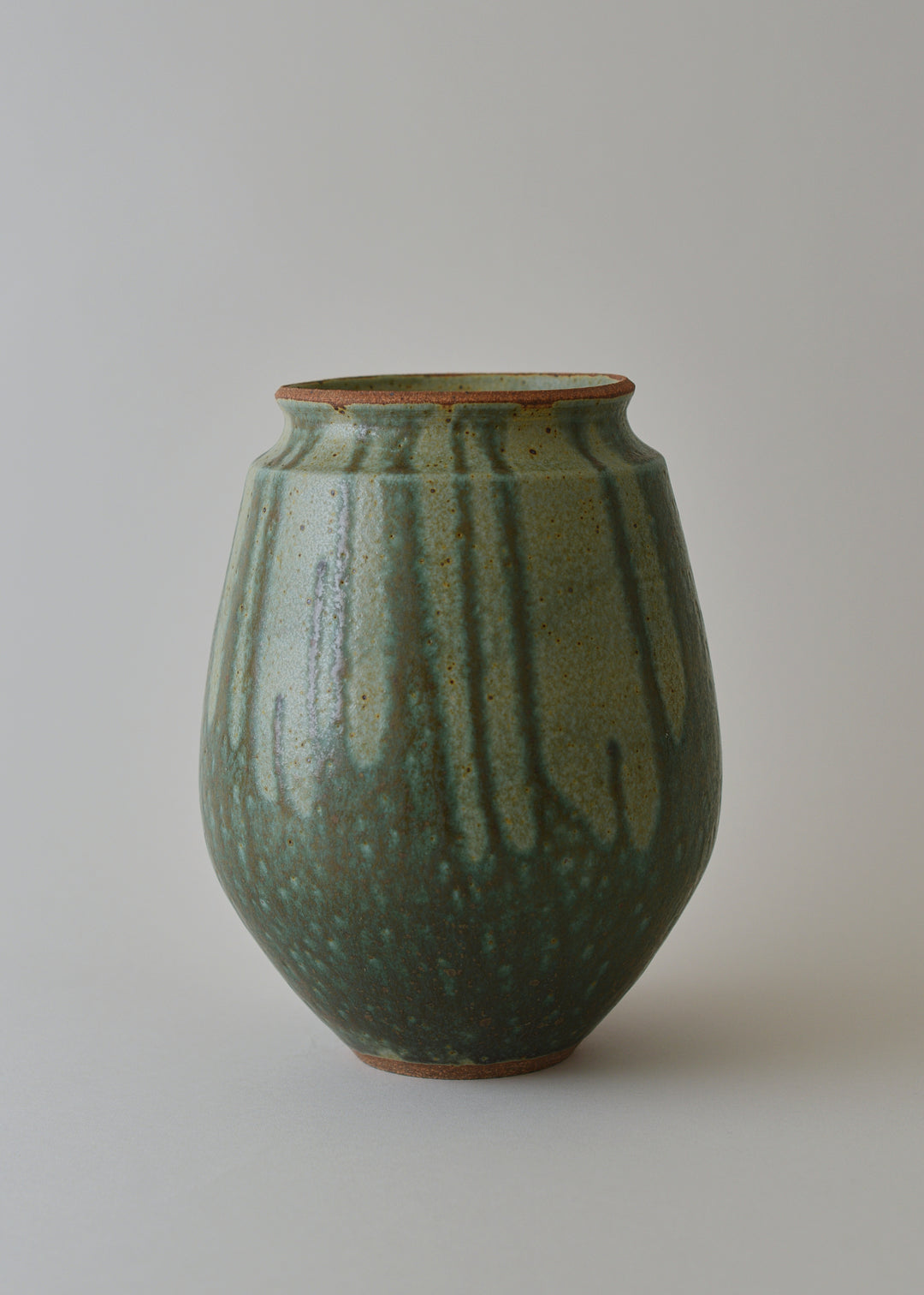 Low Poppy Series Vase in Poured Copper Green - Victoria Morris Pottery