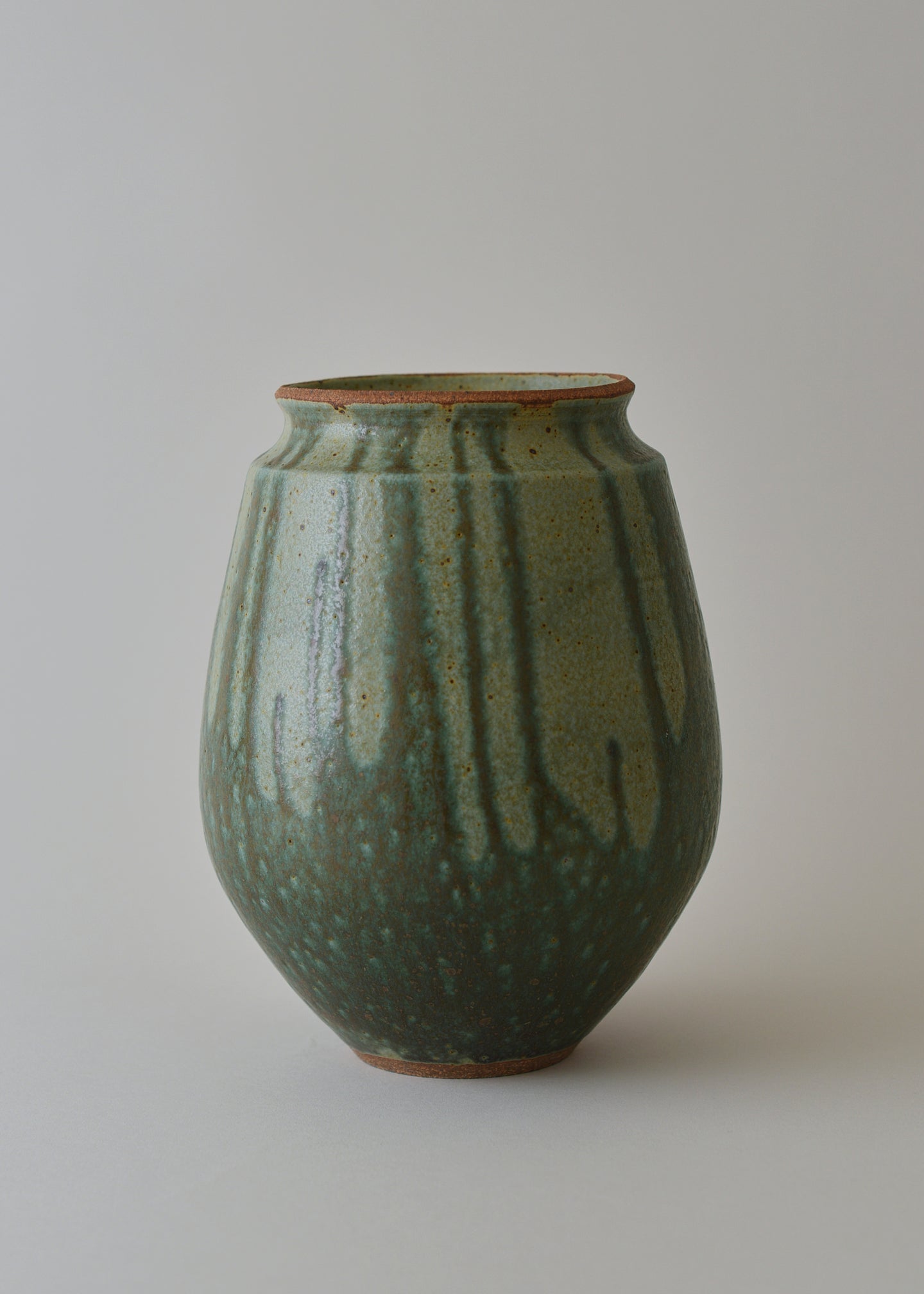 Low Poppy Series Vase in Poured Copper Green - Victoria Morris Pottery