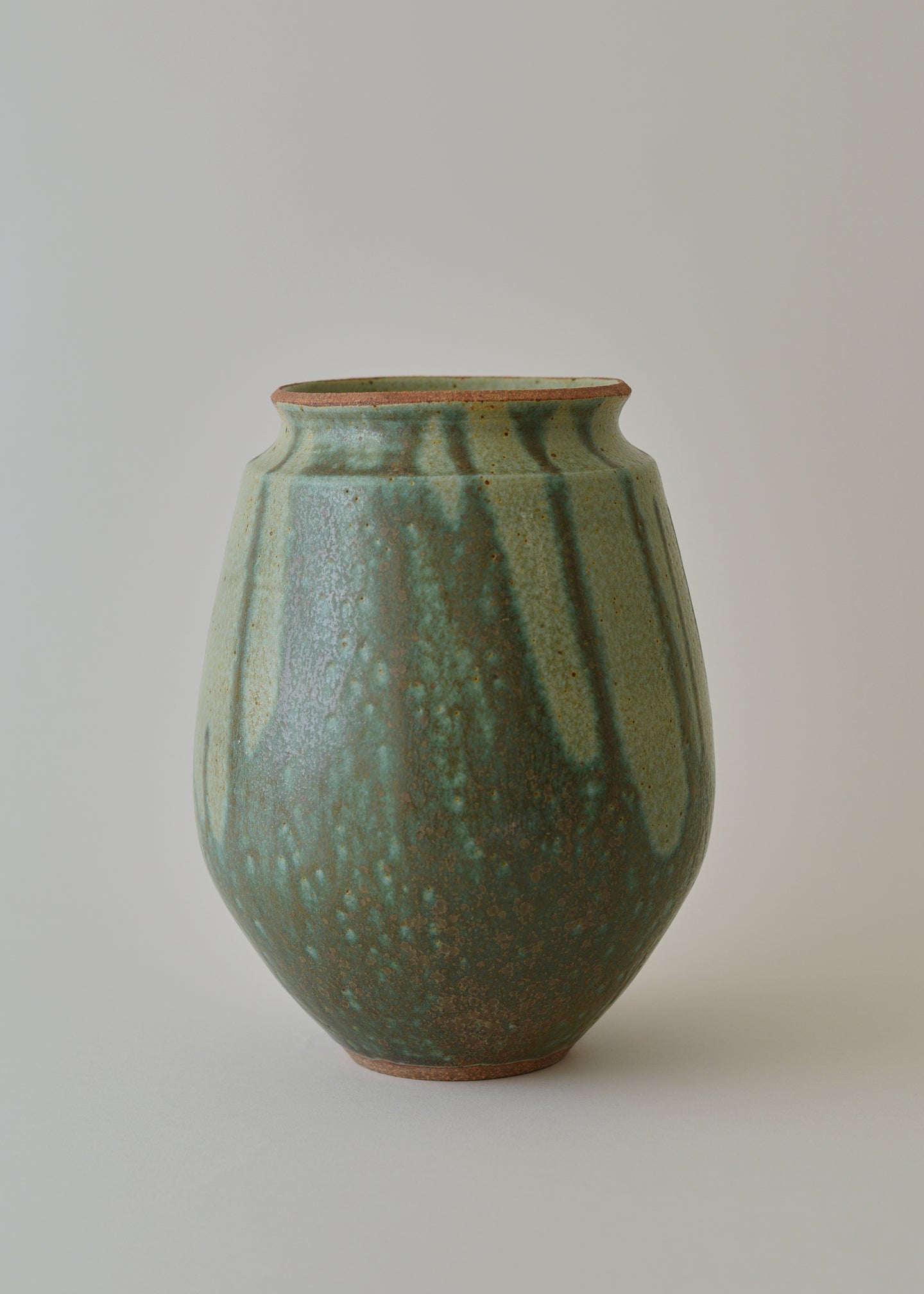 Low Poppy Series Vase in Poured Copper Green - Victoria Morris Pottery