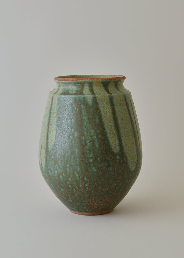 Low Poppy Series Vase in Poured Copper Green - Victoria Morris Pottery