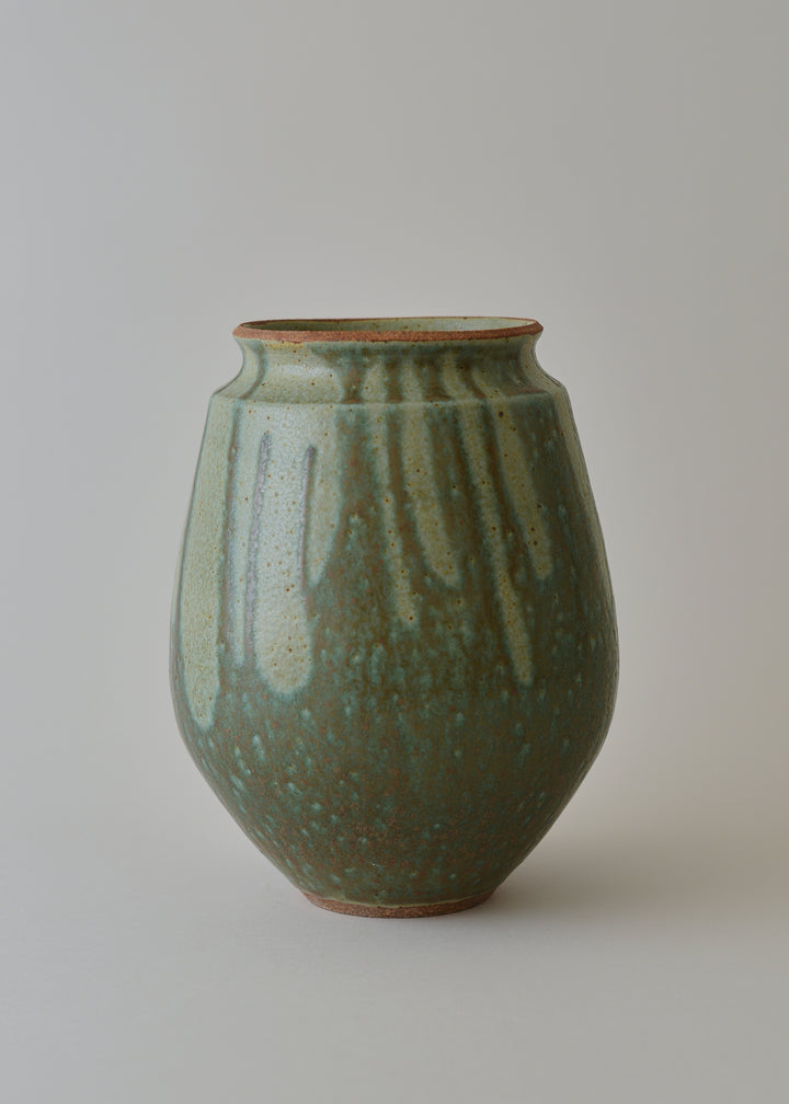 Low Poppy Series Vase in Poured Copper Green - Victoria Morris Pottery