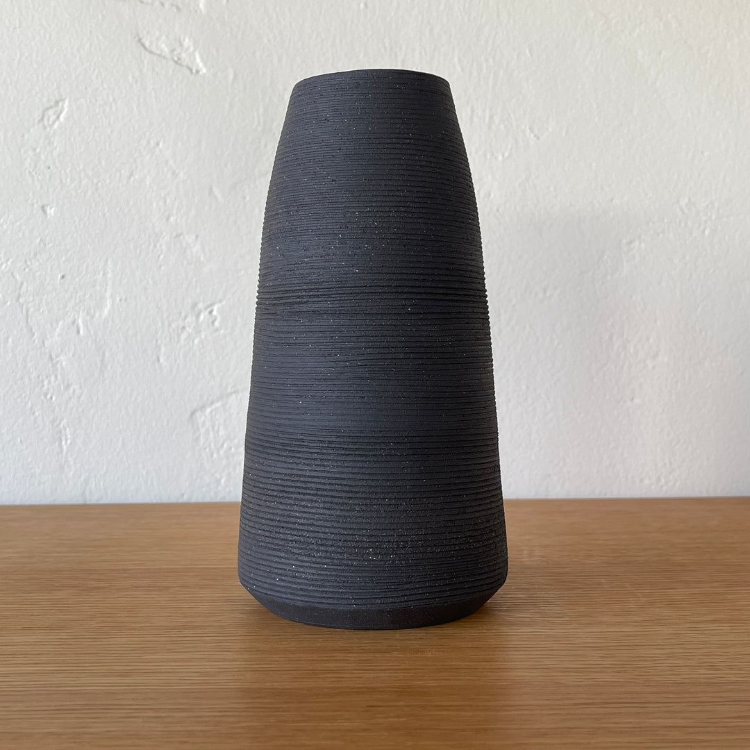 Ribbed Black Sand Conical Vase 265 - Victoria Morris Pottery